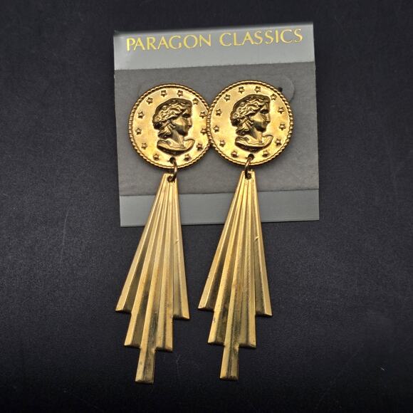 Gold Tone Cameo Lady Face Coin Earrings Art Deco Vintage Jewelry - Picture 4 of 6